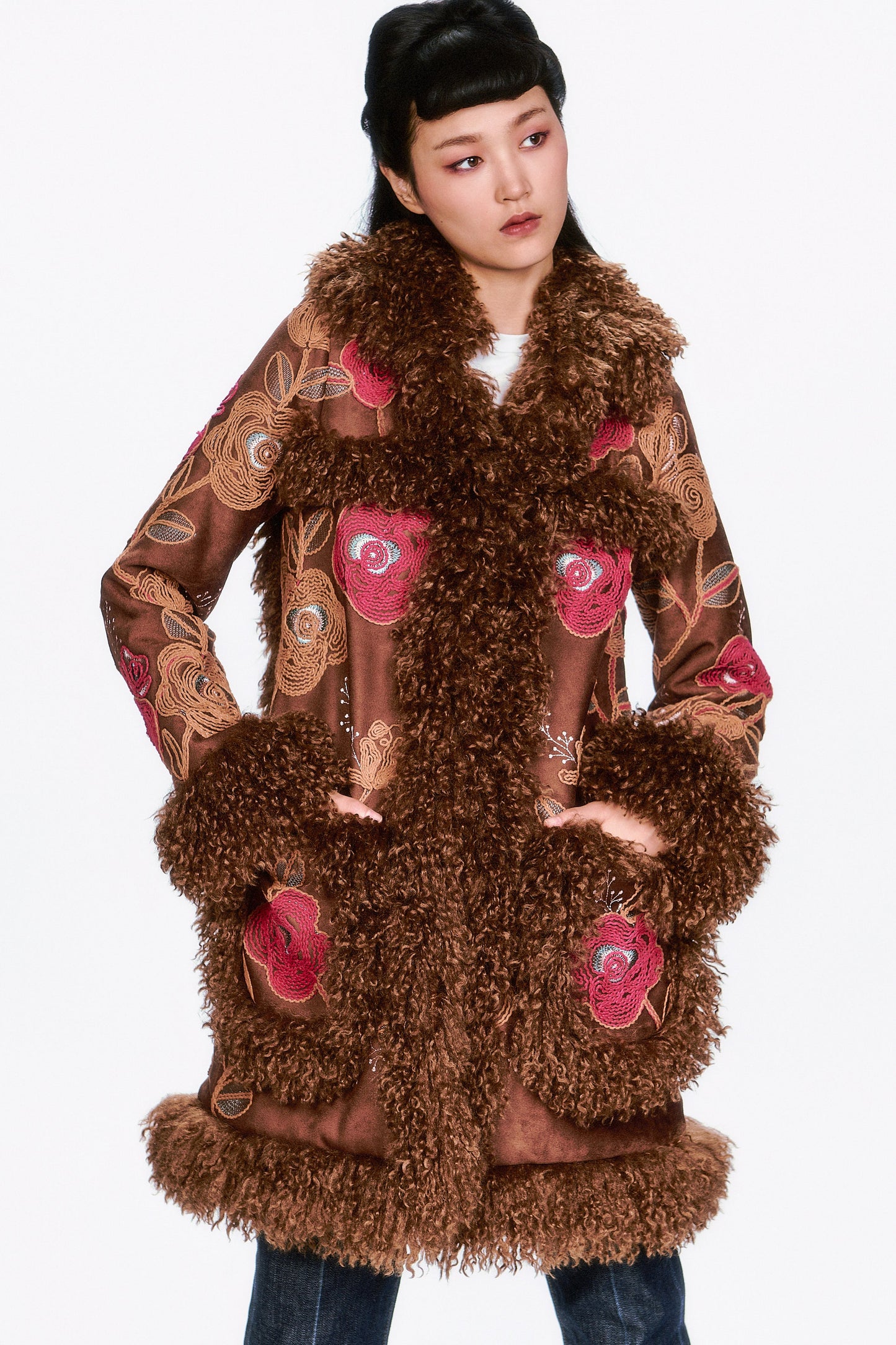 Poiret Rose Embroidered Faux Suede Faux Fur Trim Coat