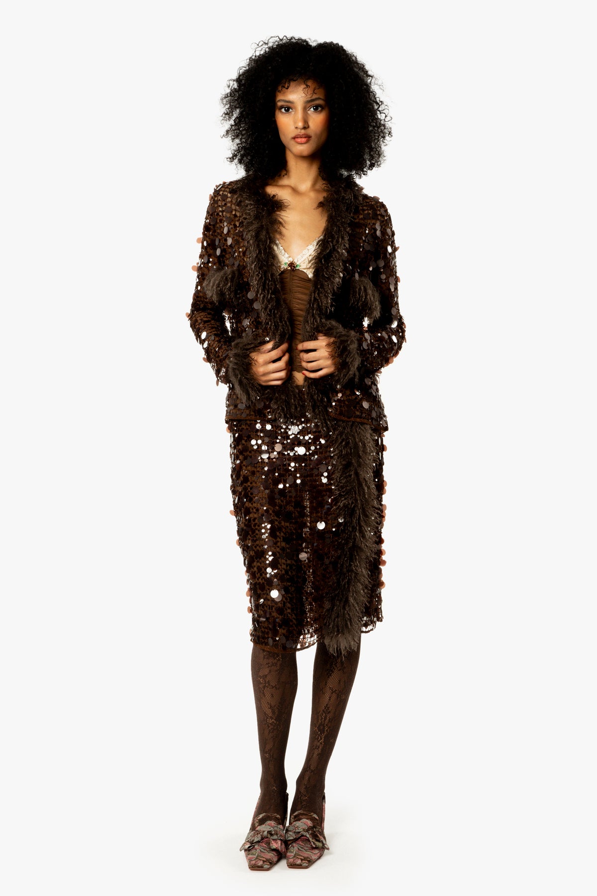Paillettes Faux Fur Trimmed Jacket