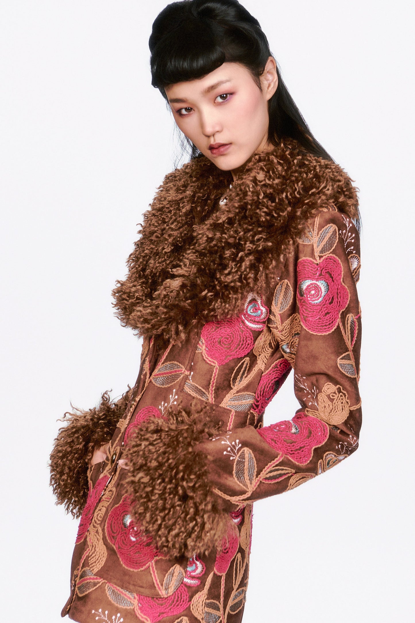 Poiret Rose Embroidered Faux Suede Faux Fur Trim Jacket