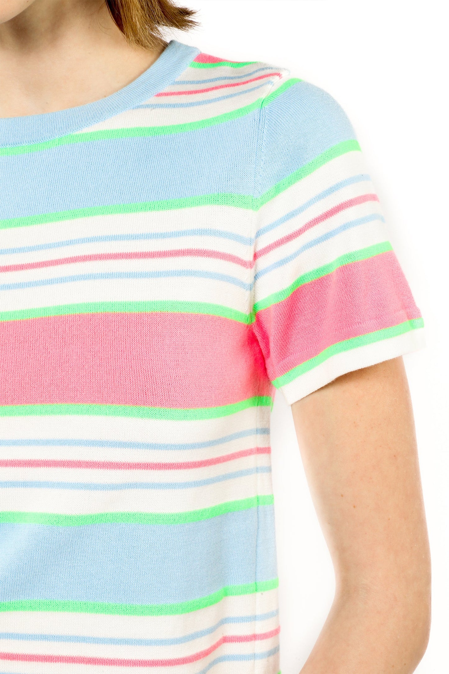 Fluorescent Stripe Short Sleeve Knit Top-Baby Blue