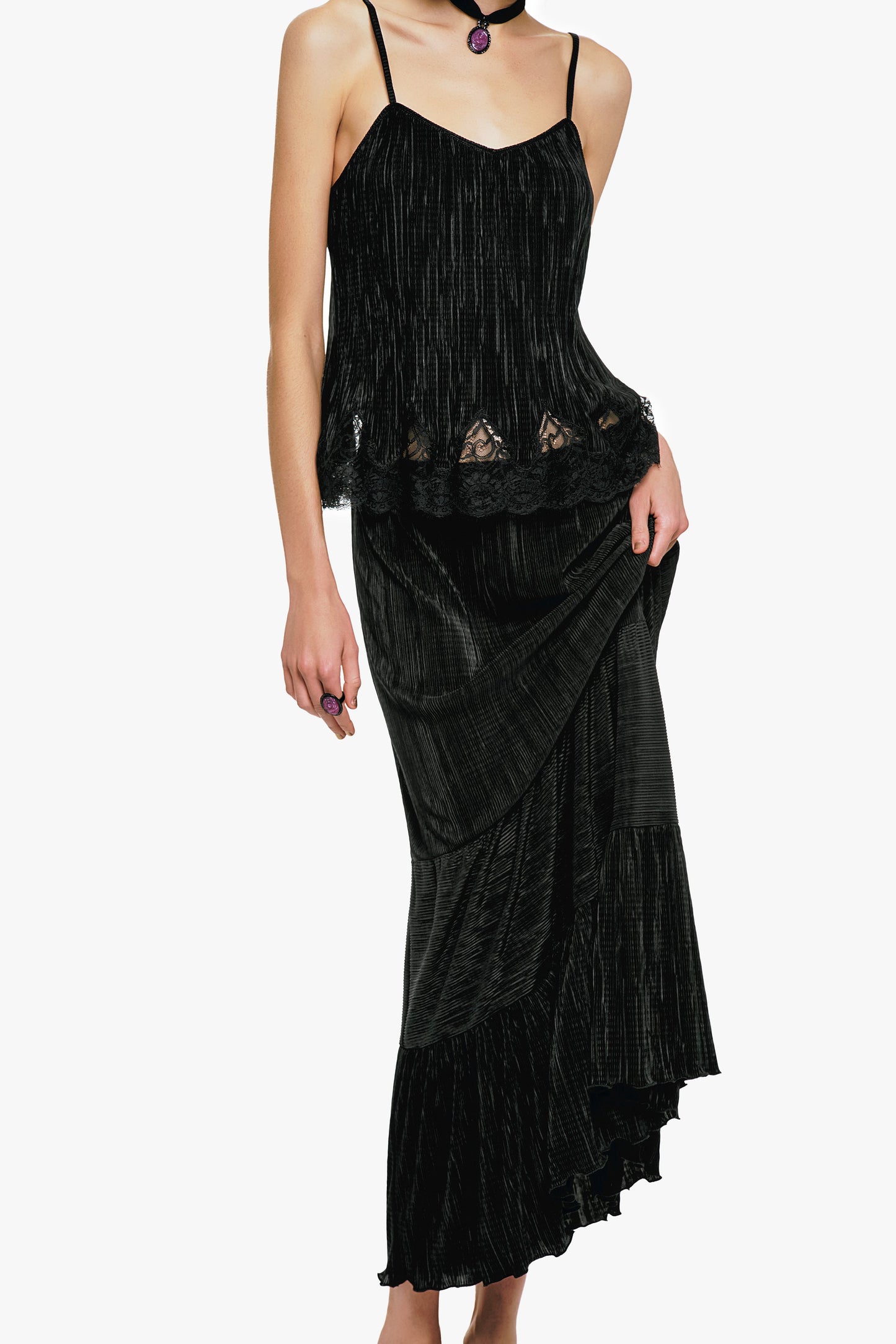 Plissé Tiered Maxi Skirt - Black