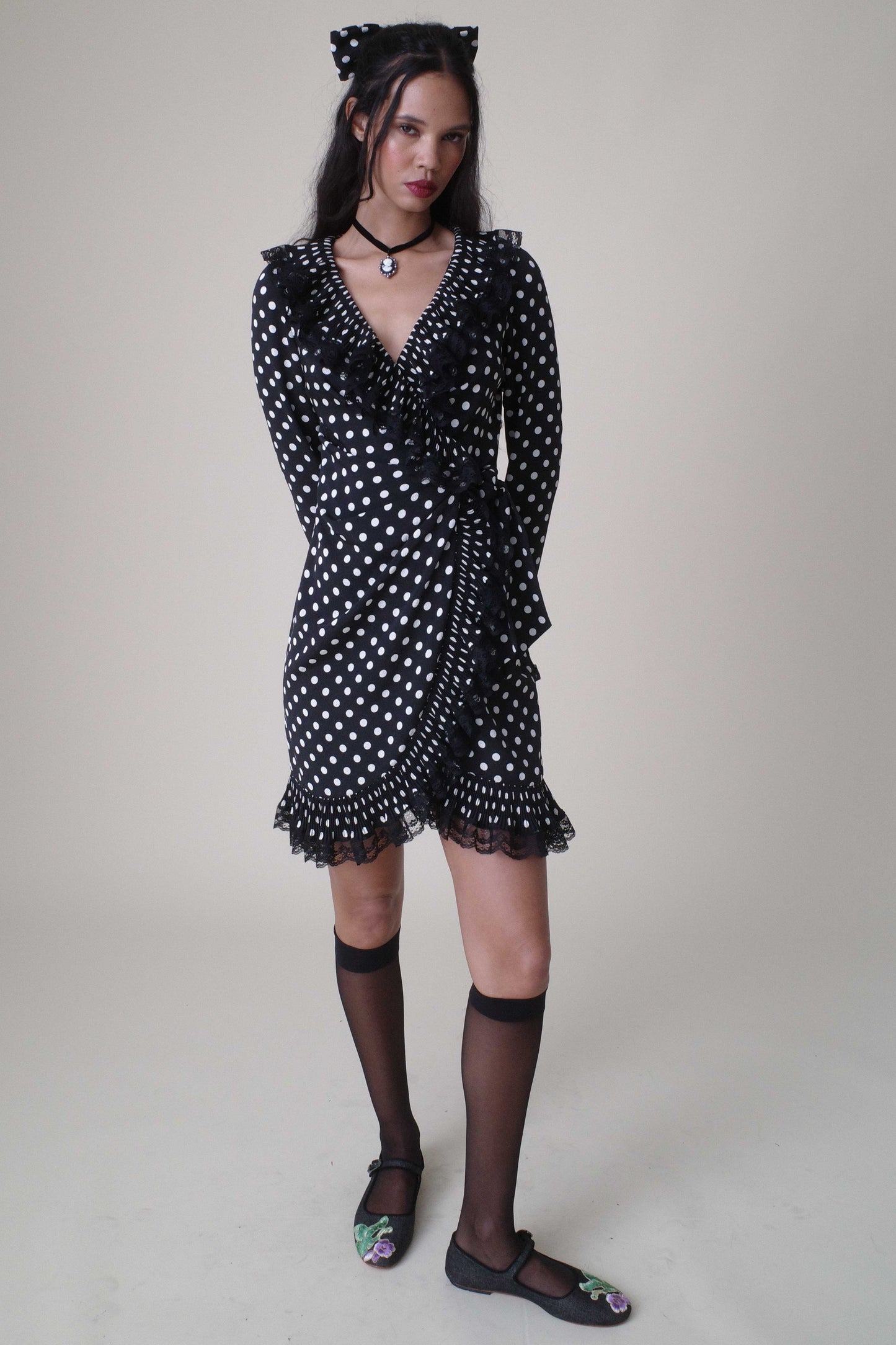 Polka Dot Pleated Wrap Dress, Lapel V-neckline with Cascading Ruffles effect goes along the hems