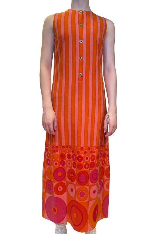 Vintage Carola Pink Orange Stripe Sleeveless Dress