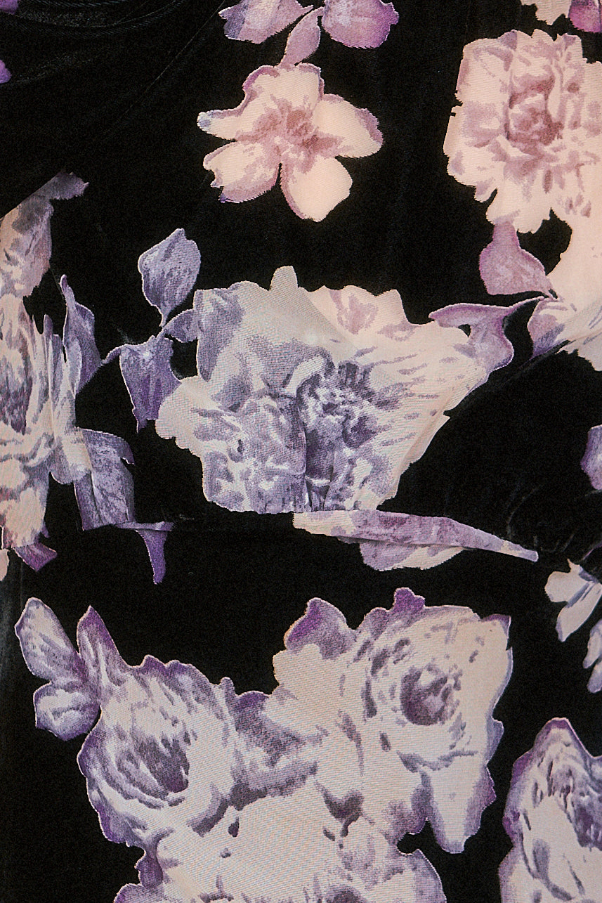 Detail of the Cabbage Rose Devoré Maxi Dress floral design.