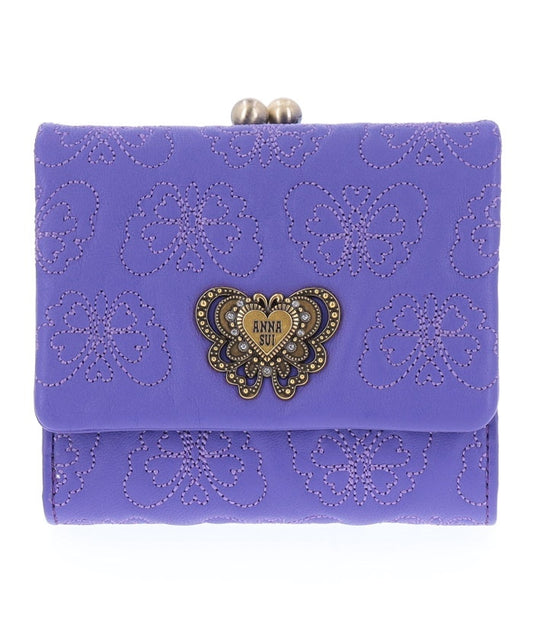 Small Wallet, Butterfly embossed purple leather, Anna Sui signature butterfly hardware on flap