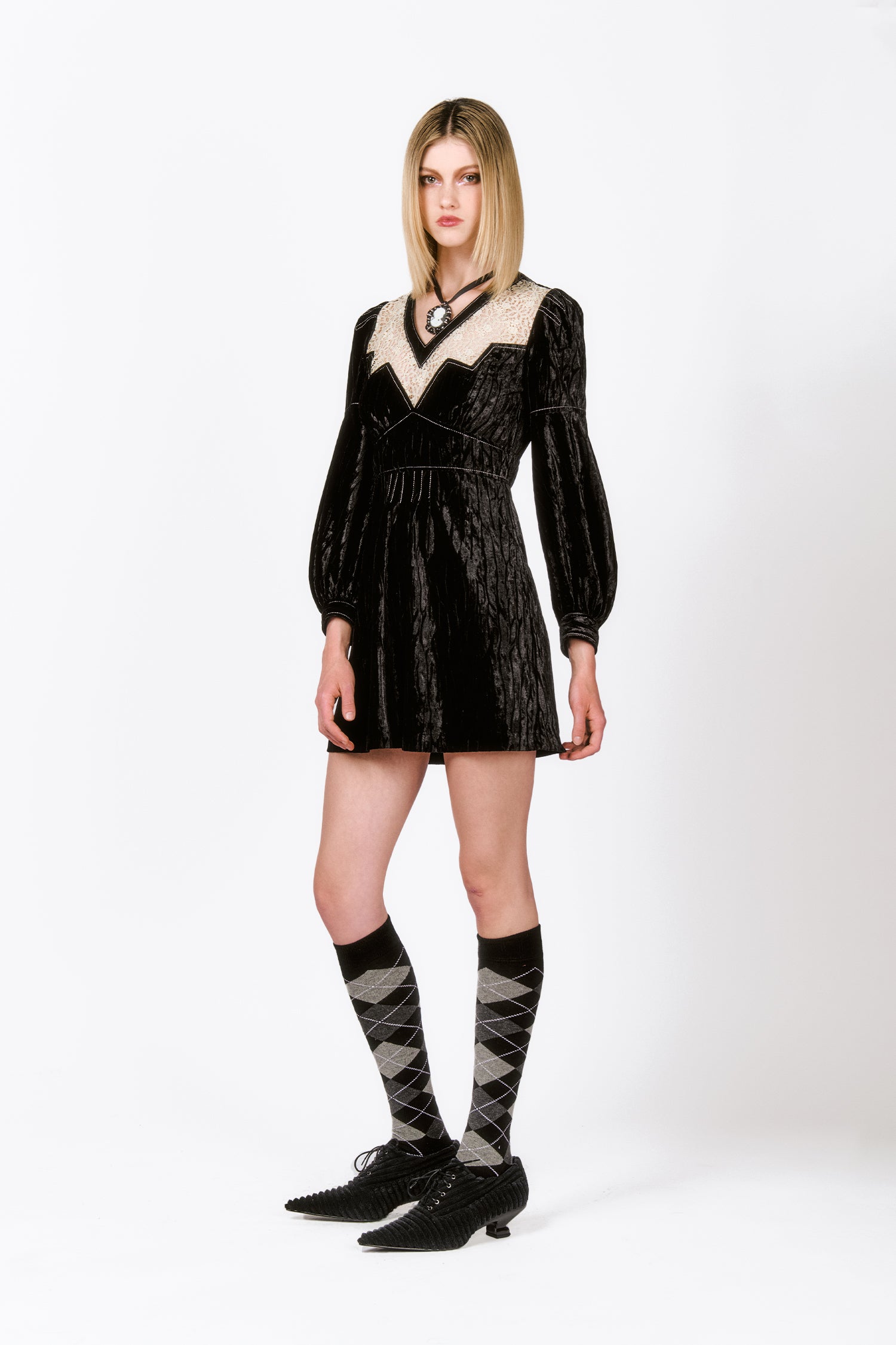 Crushed Velvet Cream Lace Dress, mid-tight long, tight under the bust with lines of beige stiches