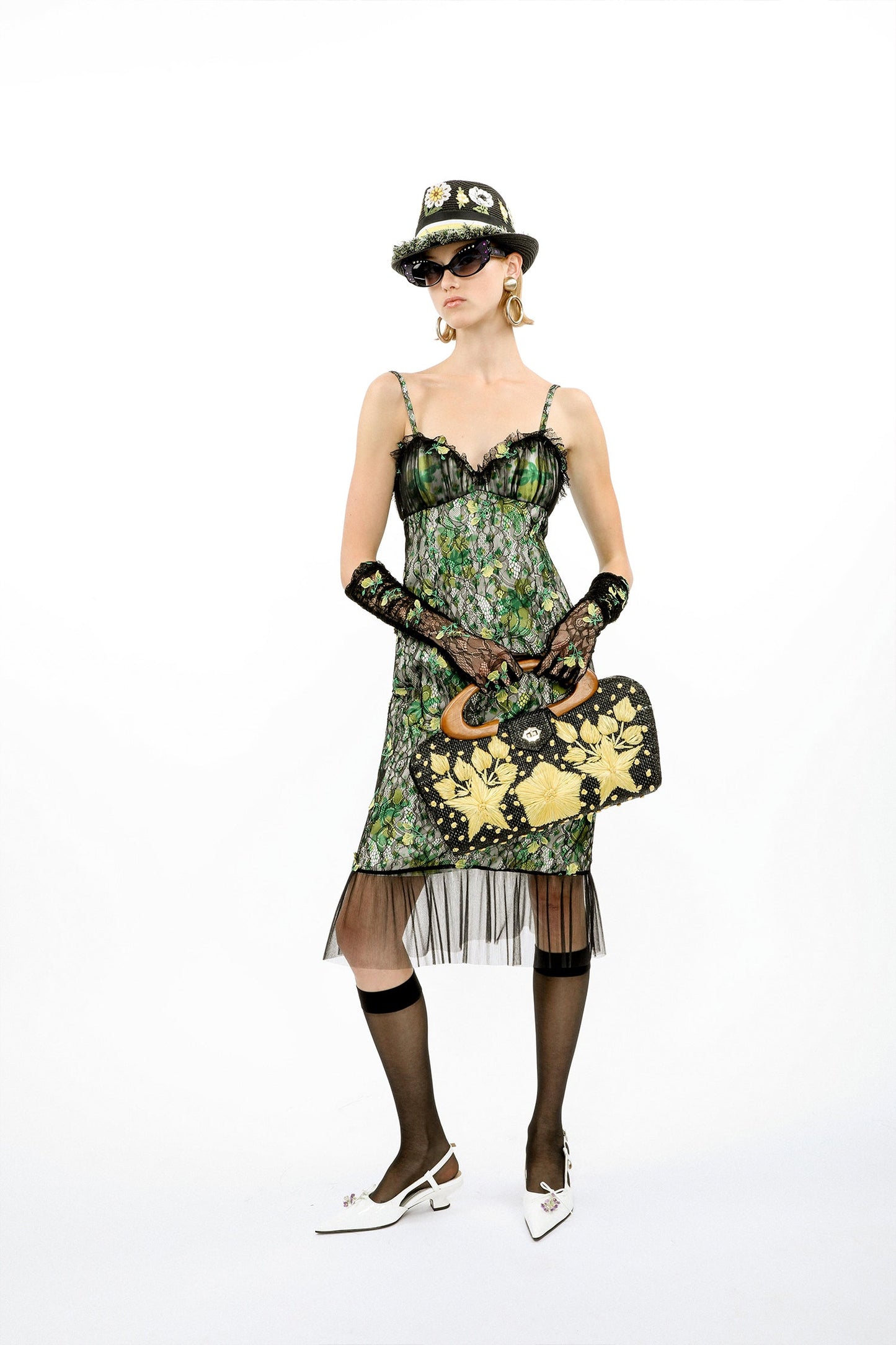Rosebuds Lace Combo Slip Dress: with attire, same Anna Sui collection bag, gloves, hat.