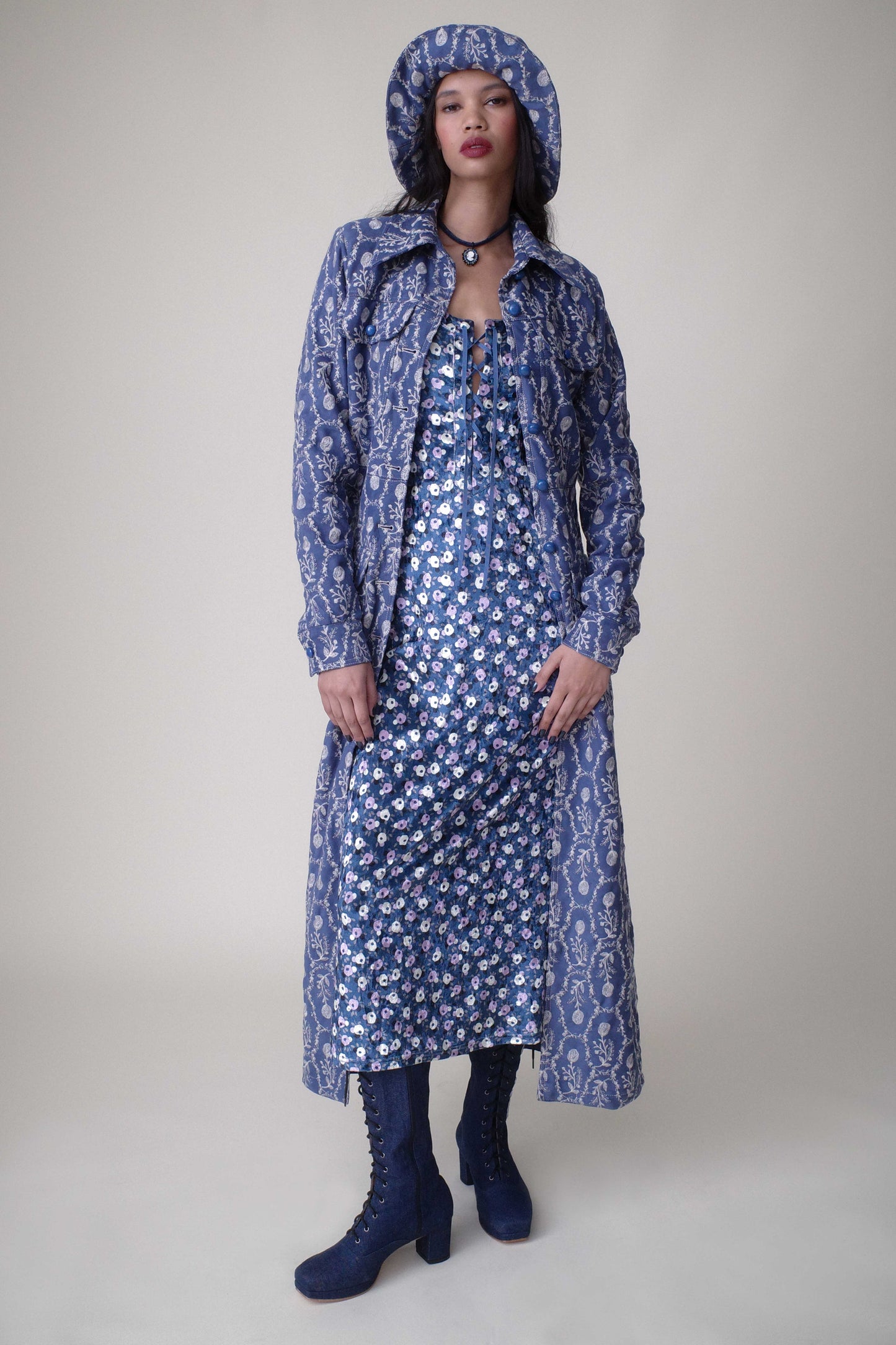 Posie Stretch Velvet Dress, cornflower, white & pink flowers match blueish Anna Sui attire