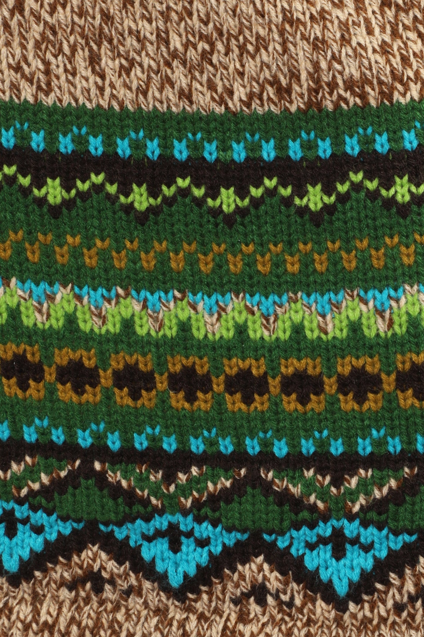 Detail of Fair Isle Mini Skirt – Teal pattern hue of green lines and blue triangles with black border.