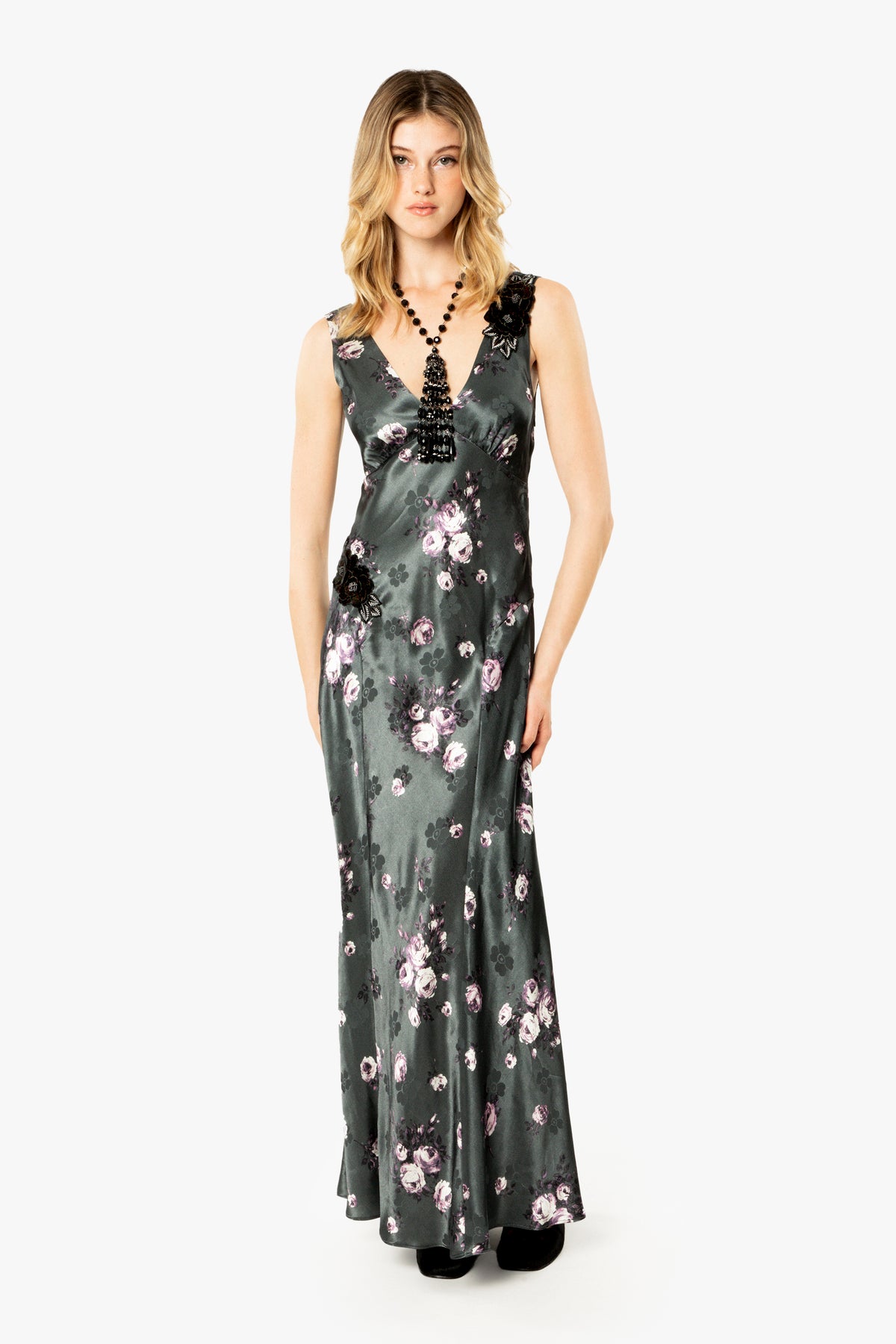 Rose Print Satin Maxi Dress