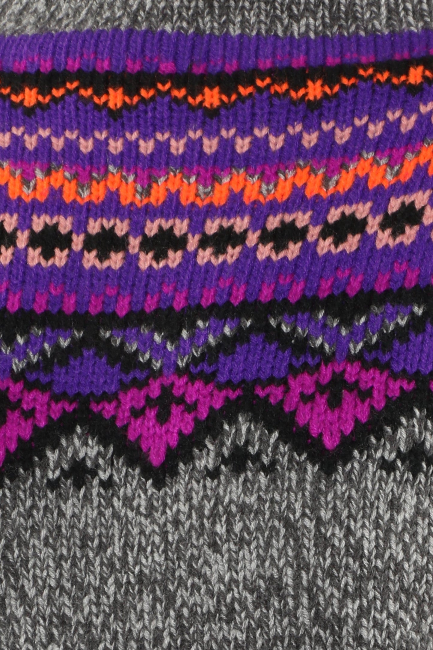 Detail of Fair Isle Sweater pattern hue of Magenta lines and Magenta triangles with black border.