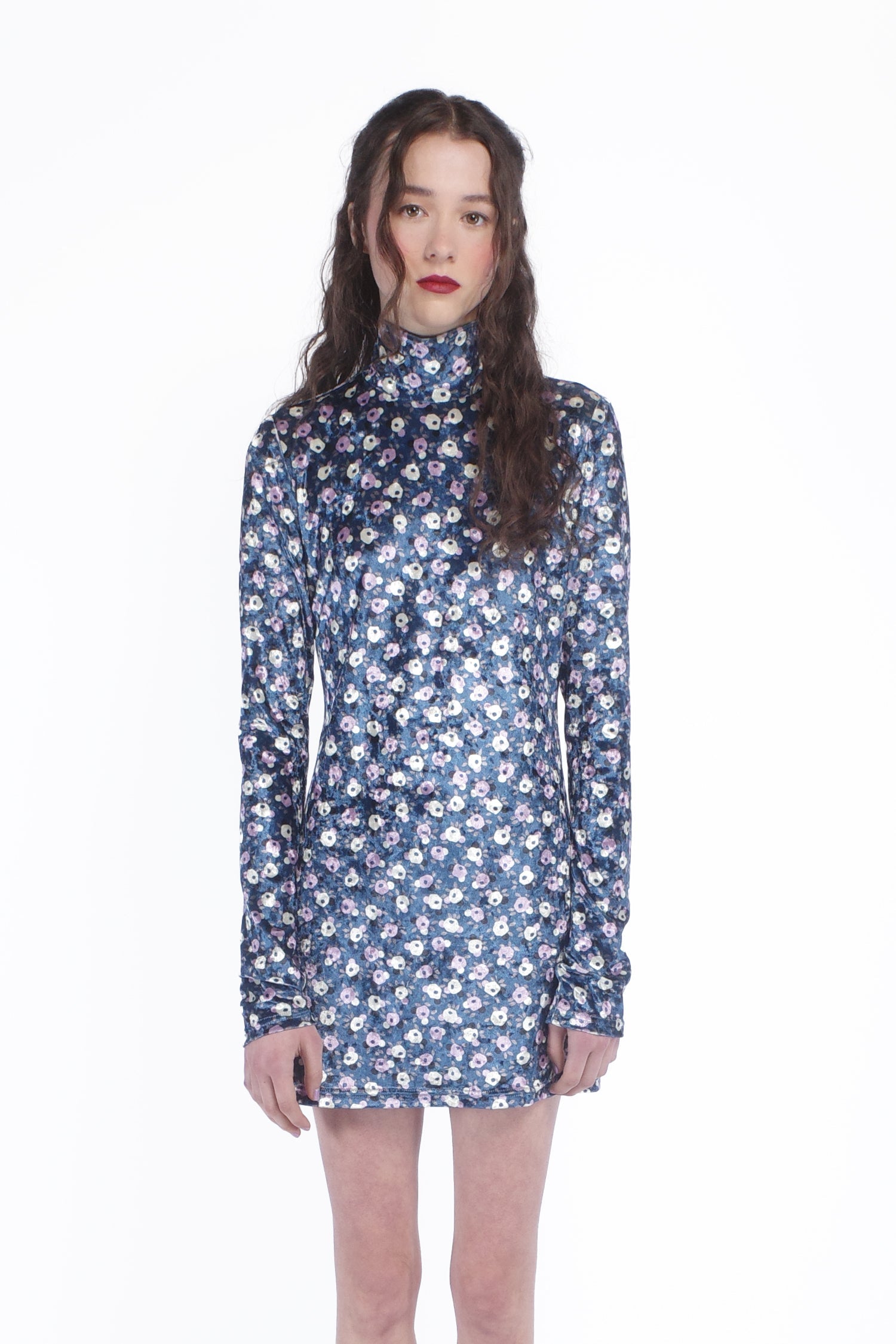 blue velvet turtleneck dress VELOUR Turtleneck Ojai Long Dress