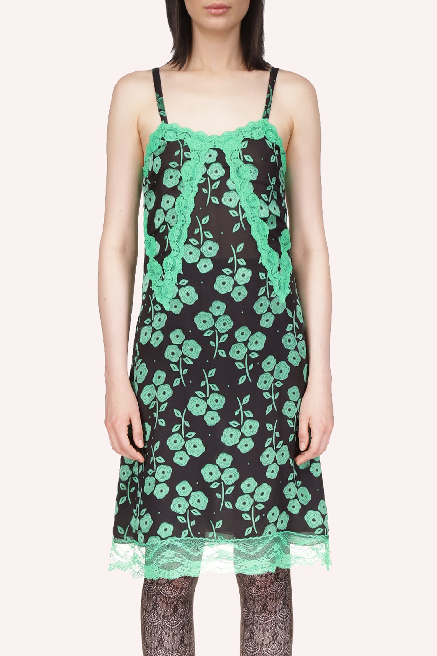 Black dress, green floral pattern, green v-lace, sleeveless, straps, knees-long, green lace bottom