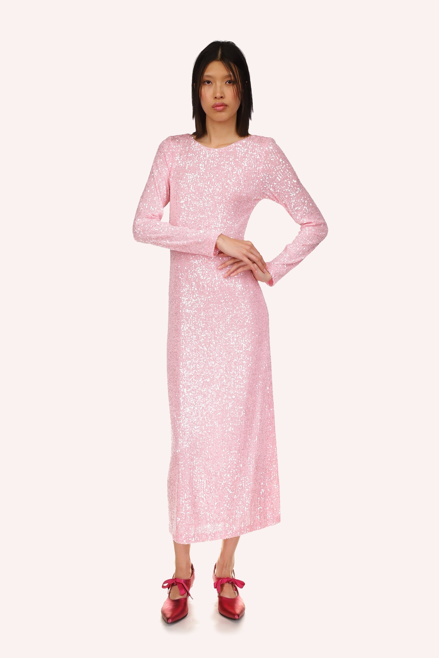 Anna Sui's Sequin Mesh Dress Baby Pink, ankles long, neckline collar, long sleeves