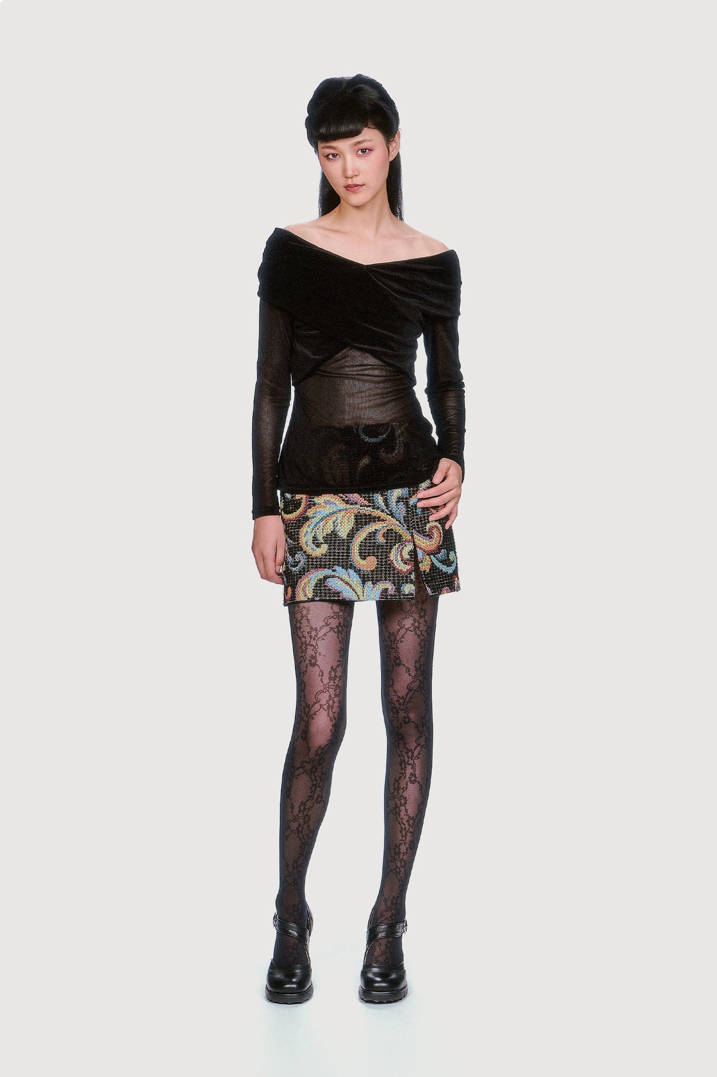 Velvet Mesh Off the Shoulder Top - Black