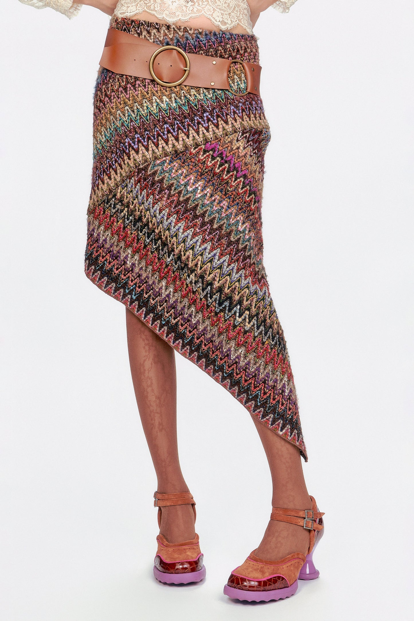 This Bargello Multi Asymmetrical Skirt, knee-long on right/ankle long on left, brings vintage flair