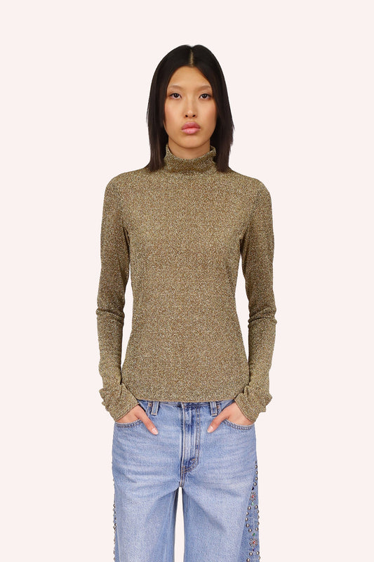 Shiny gold Mesh turtlenecks with long sleeves that can cover hands