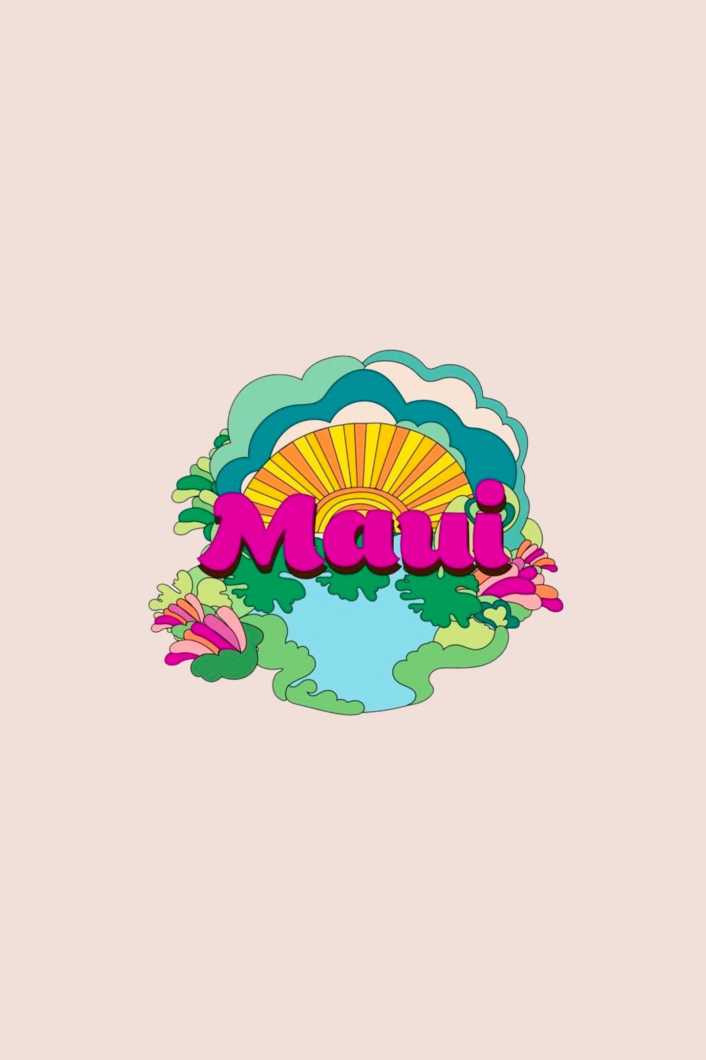 Stylized Hawaiian background, blue clouds, rainbow, sea, green areas, MAUI in big letters on top