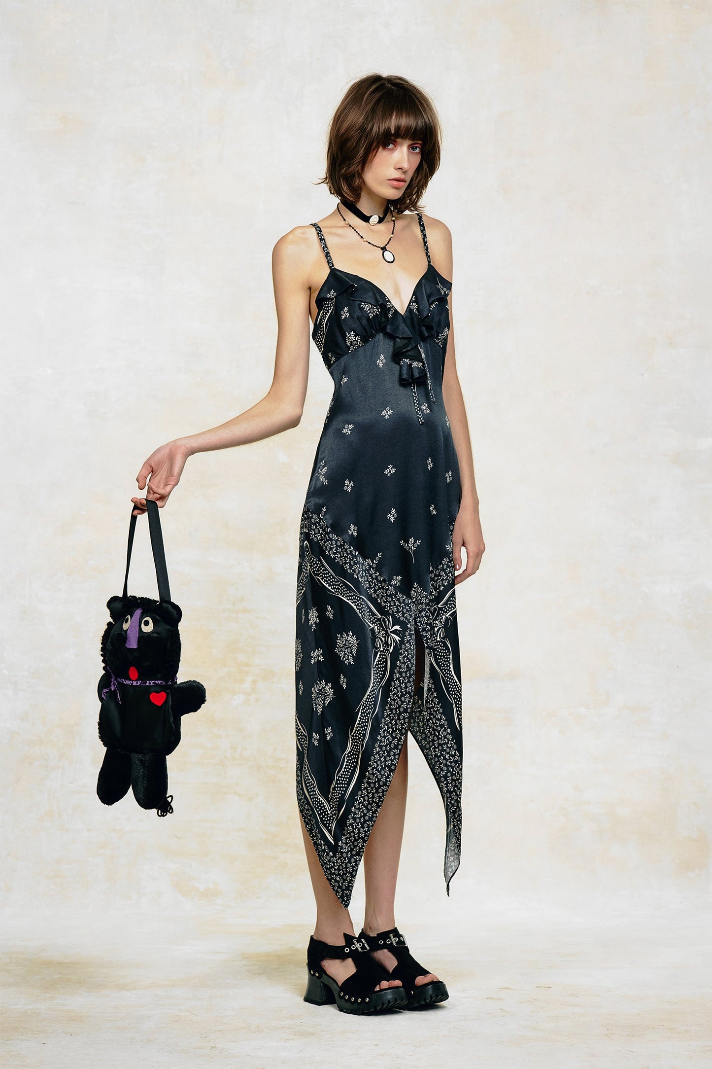 Ribbon Handkerchief Satin Print Dress