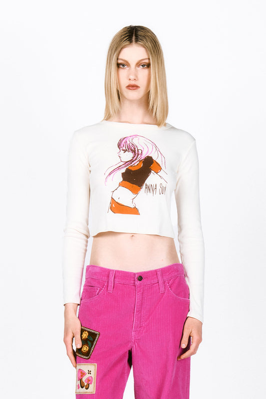 Anna Sui Girl Micro white Tee, long sleeves, neckline, above bellybutton, manga girl print