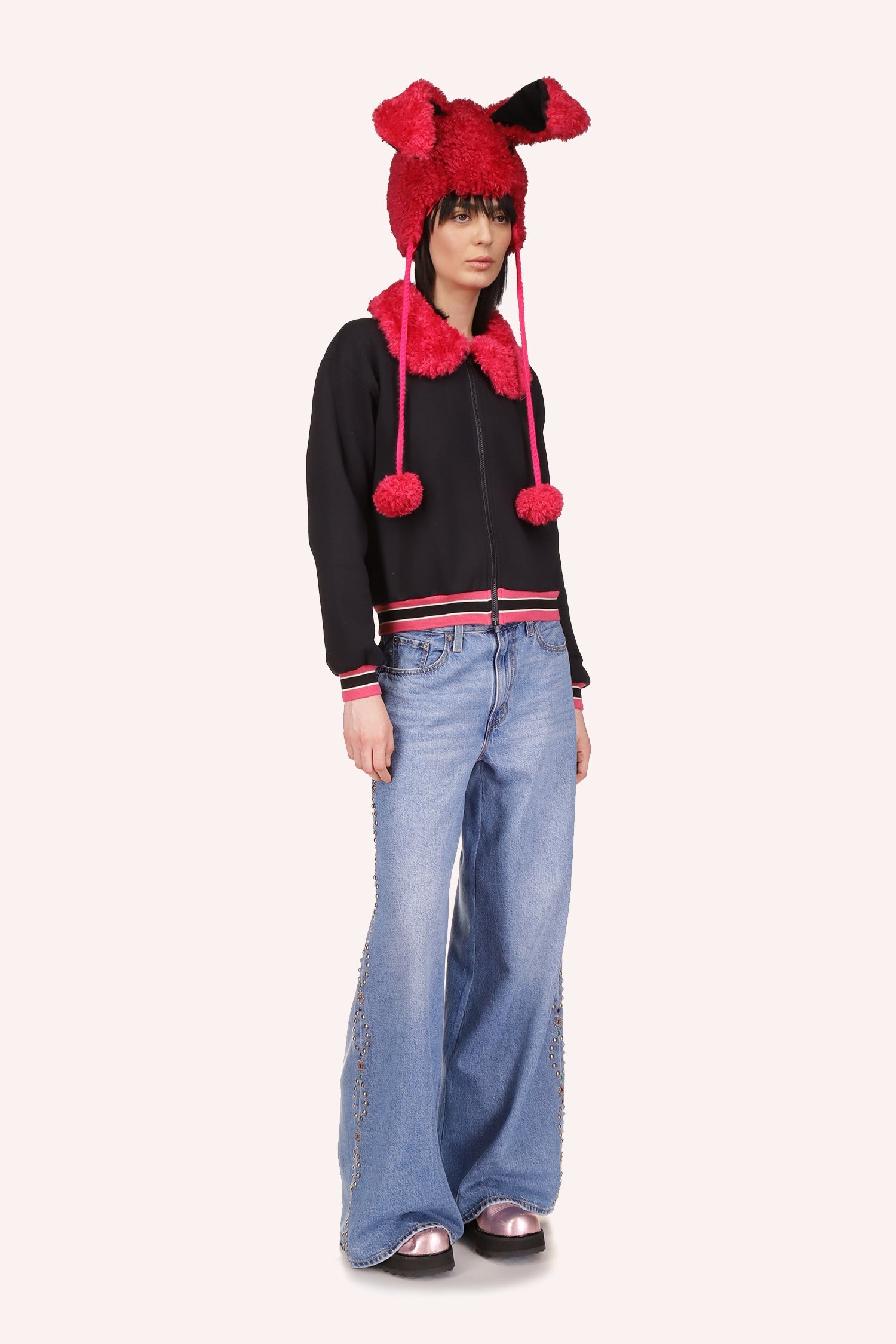 Dark Plush Sweatshirt with a large pink collar, front zipper