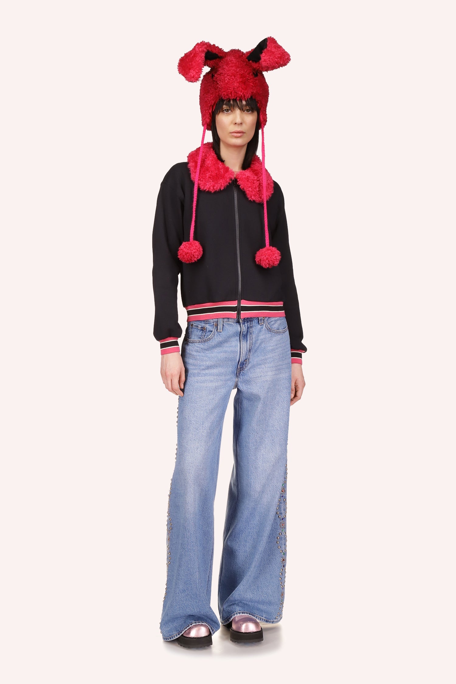 Plush Teddy Collar Sweatshirt, green ornament at the hand and waist