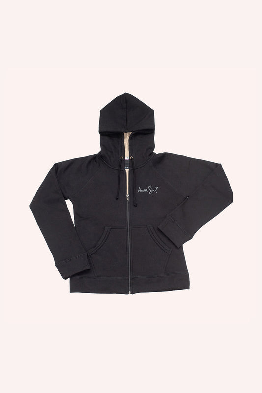Hoodie with lace Black, Long sleeves, 2-pockets, zipper, white Anna Sui handwriting font at top left