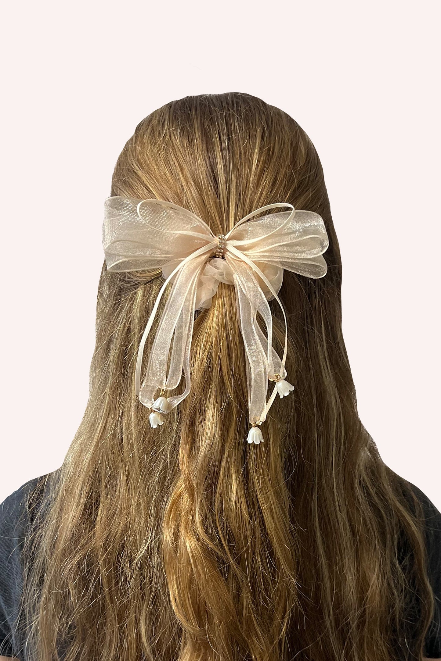 Nude Mesh Bow Flower Embellished Scrunchie