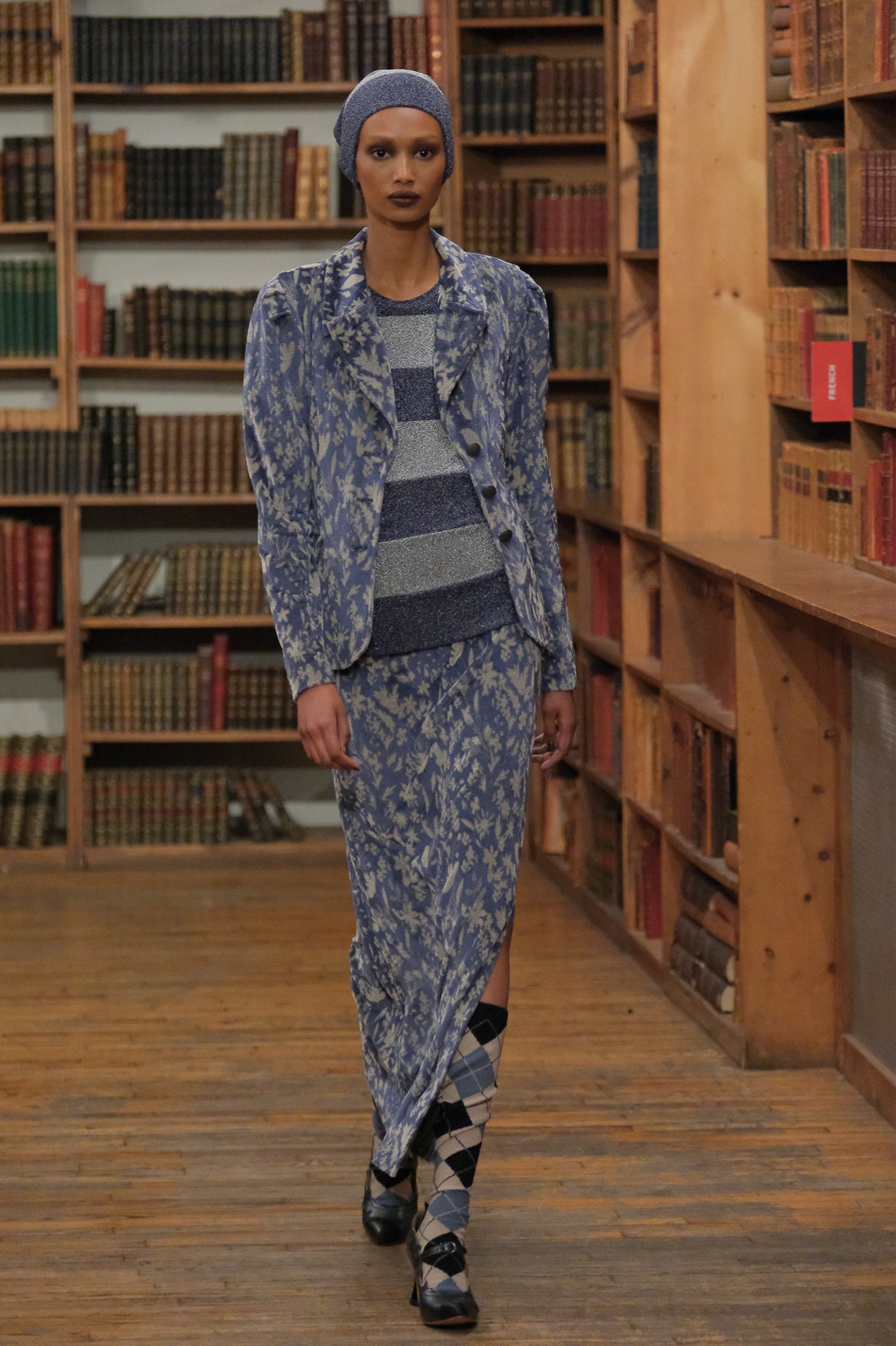 Bluebell Velour Maxi Skirt with Slit paired with blue attires from Anna Sui collection