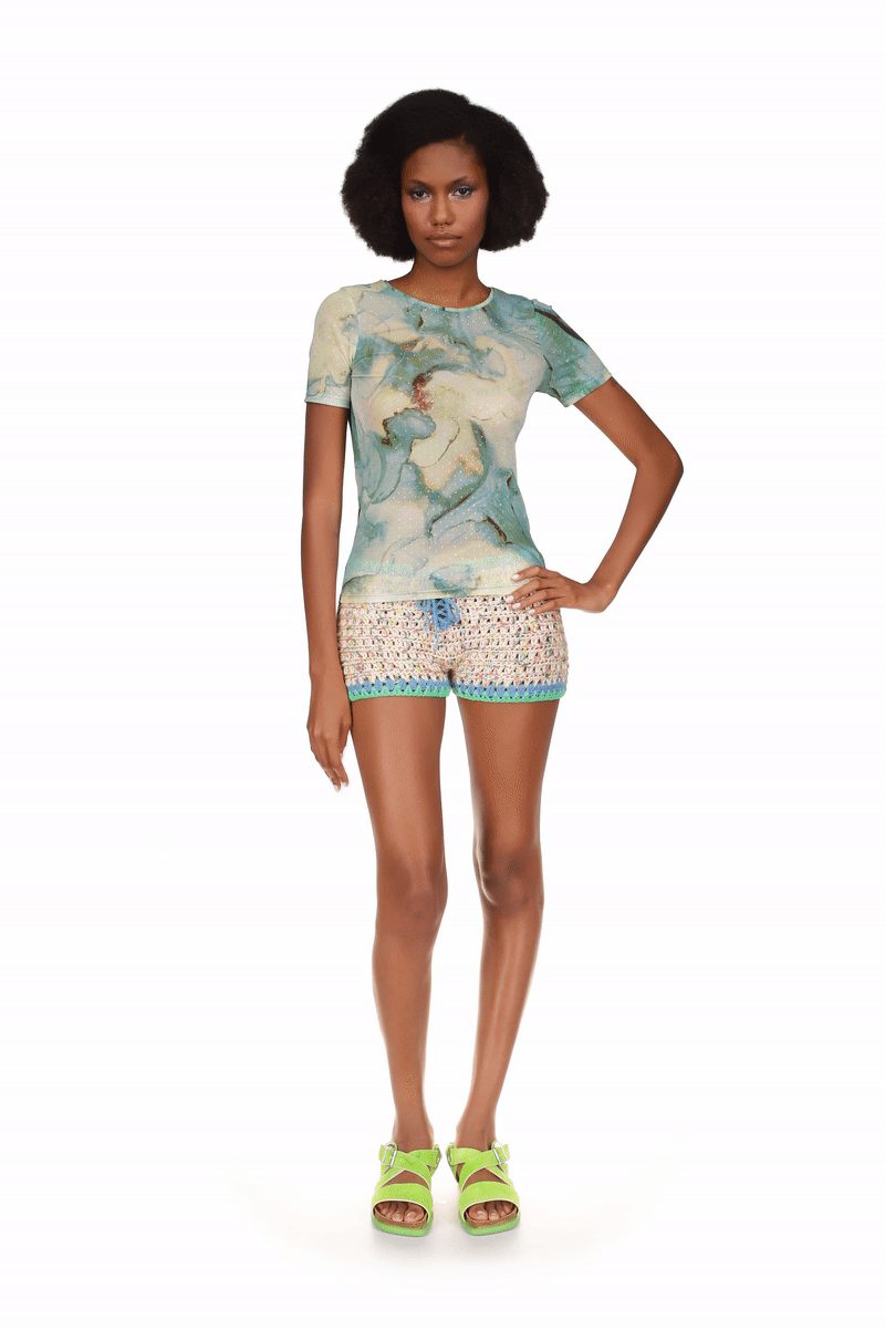 Cosmos Mesh Top, large floral design in blue with touch of yellow looks like a second skin