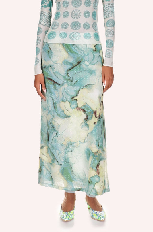 Cosmos Mesh Skirt, ankles long, large floral design in blue with touch of yellow