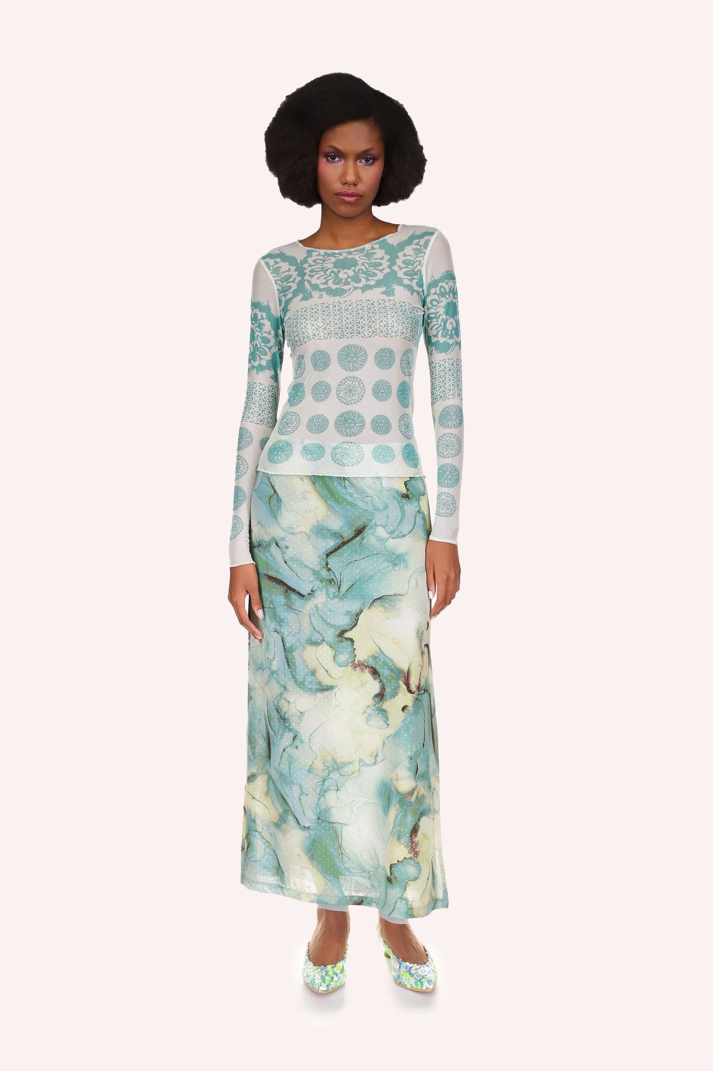 Printed Chrysanthemum Mesh Top, in a very light turquoise color, fit like a second skin
