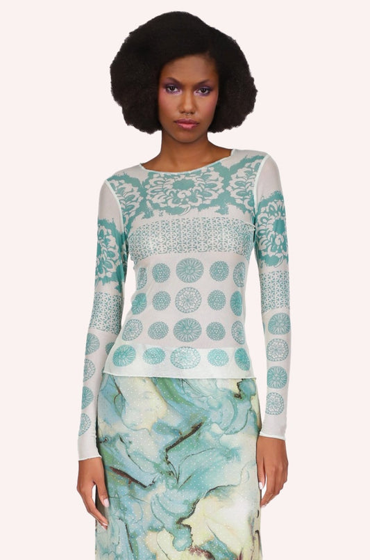 Printed Chrysanthemum Mesh Top, white background with turquoise floral circle design