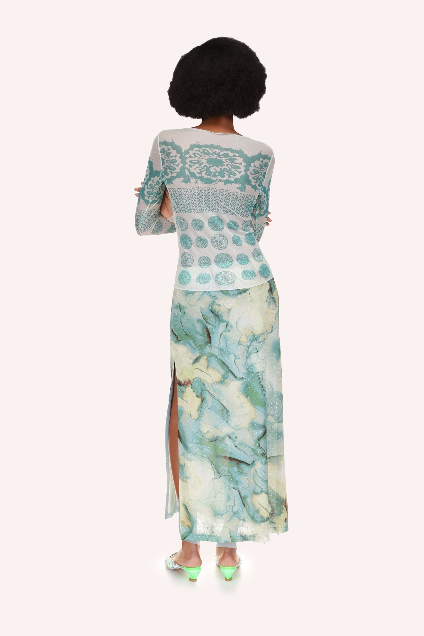 Printed Chrysanthemum Mesh Top paired with Cosmos Mesh Skirt