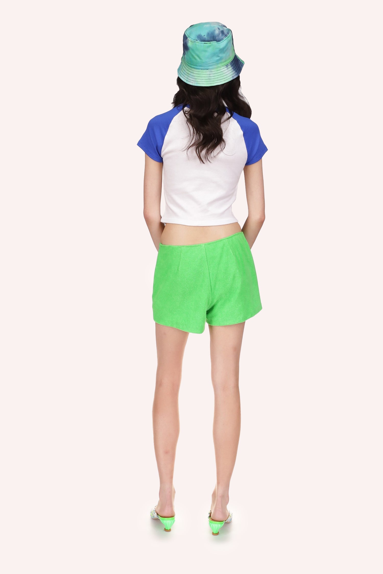 Back Terrycloth mini Skort in plain green, upper thigh long