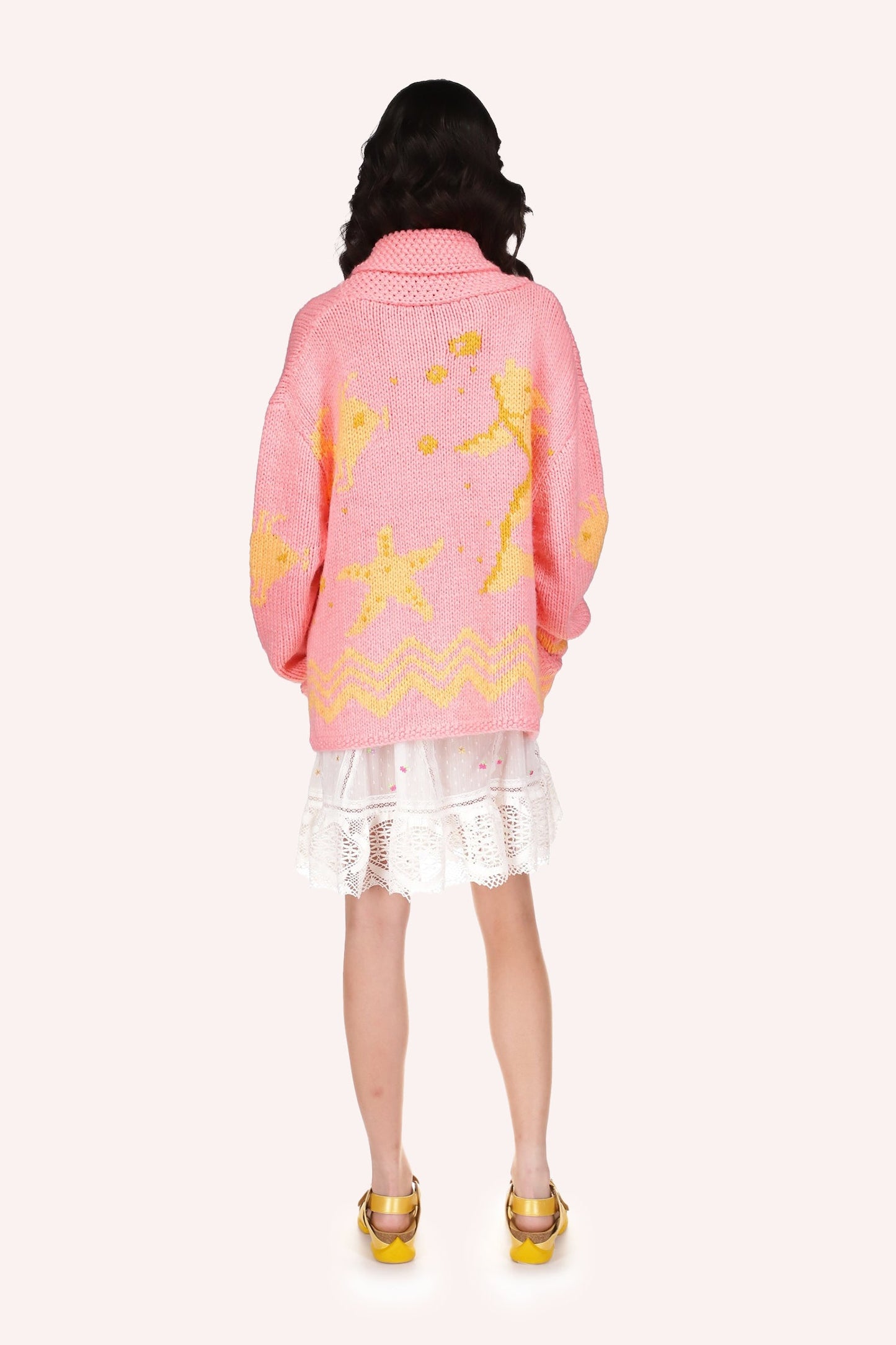 Hand Knit Cardigan, Powder Pink color with yellow fish, starfish, zigzag design at bottom