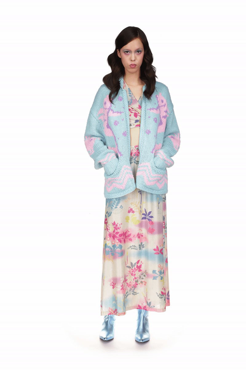 Cardigan, Powder baby blue color with pink sea design, under hips long, rounded collar