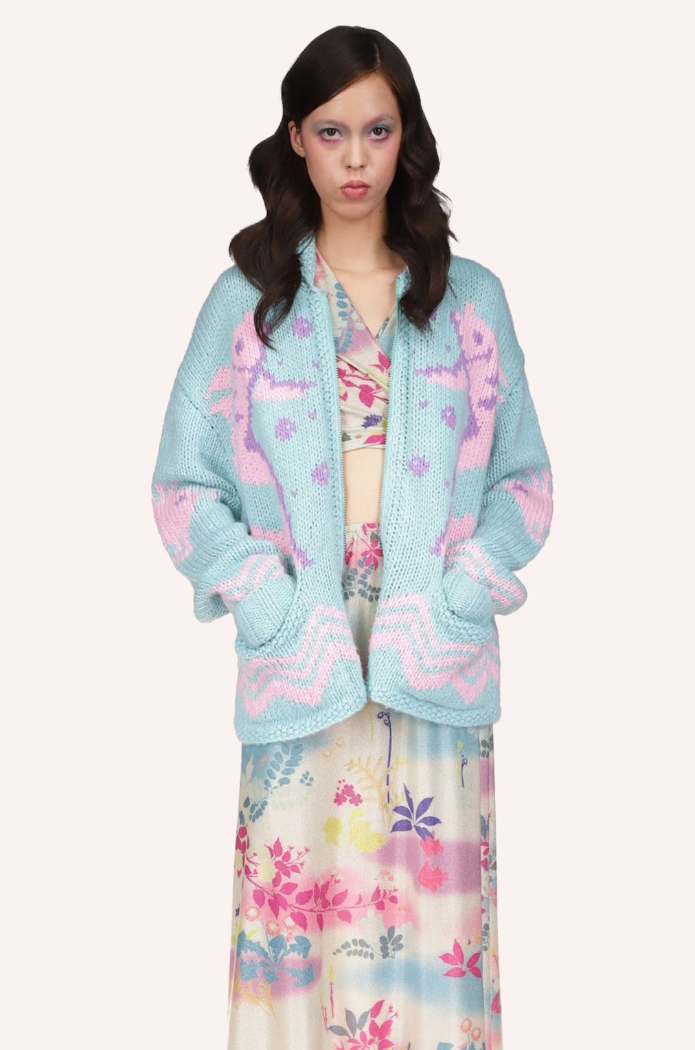 Seashore Hand Knit Cardigan, Powder Blue color with pink sea design, 2-pockets, long sleeves