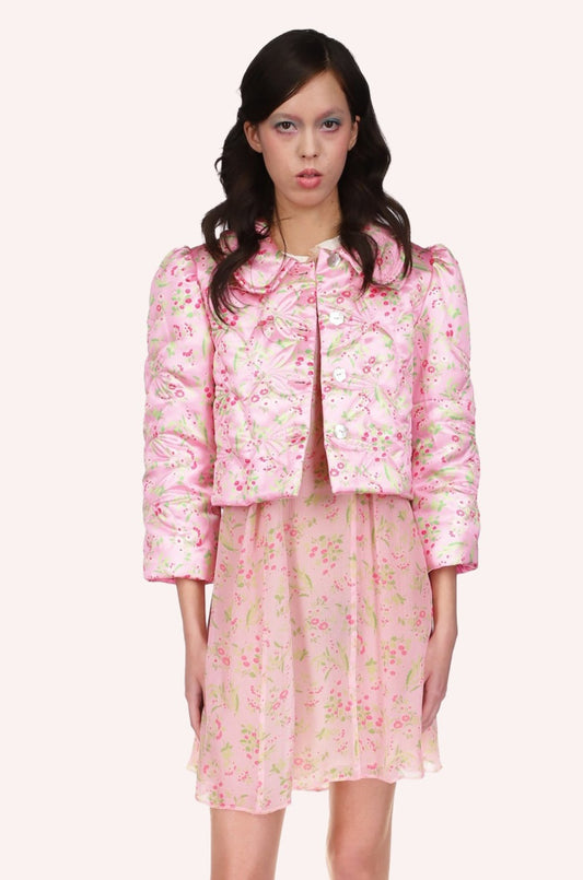 Arcadia Blossom Quilted Satin Bed Jacket, pink with green floral design, rounded flap collar