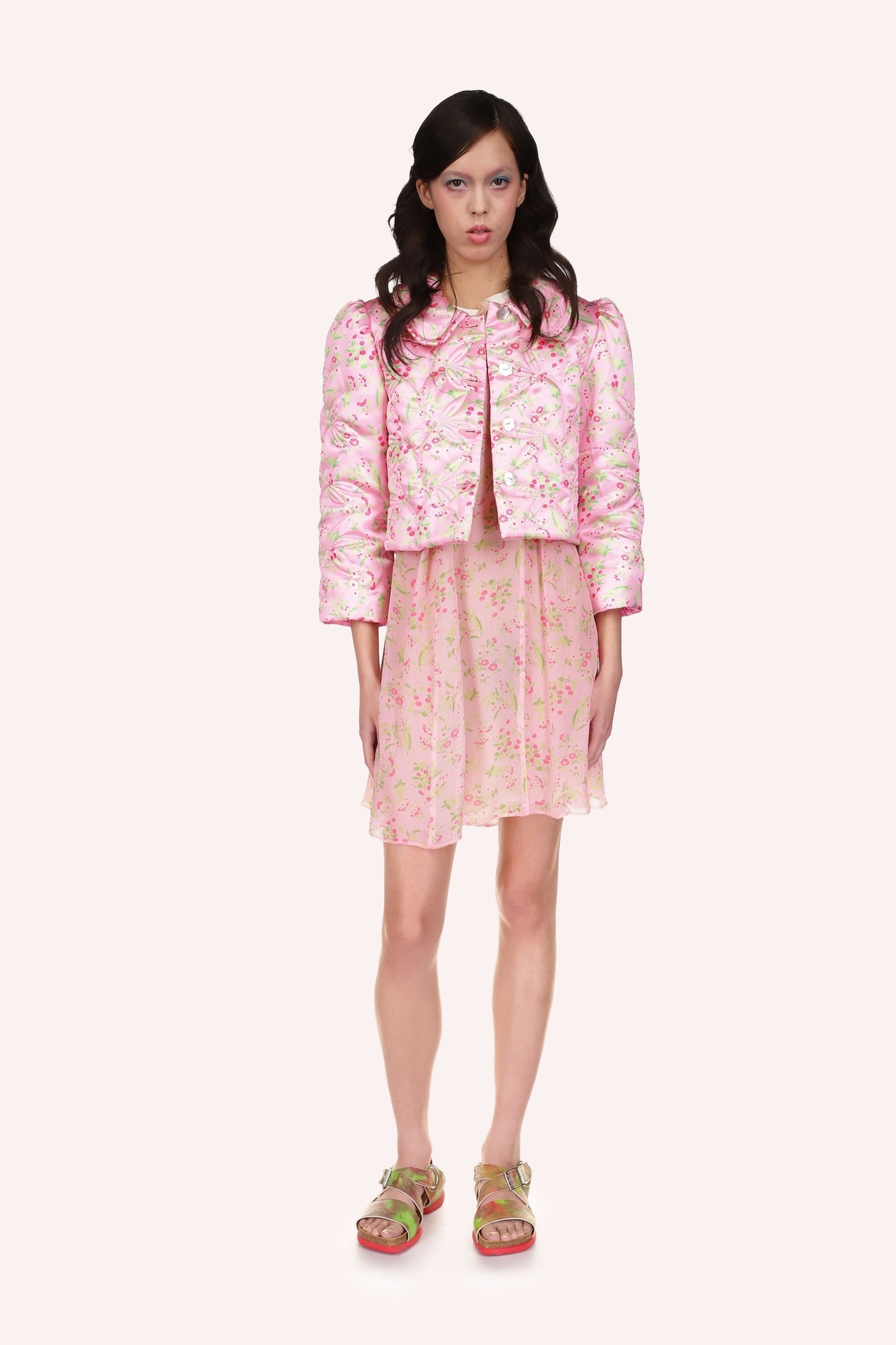 Arcadia Blossom Quilted Jacket, puff sleeves at shoulders, waist long, 4-buttons in front