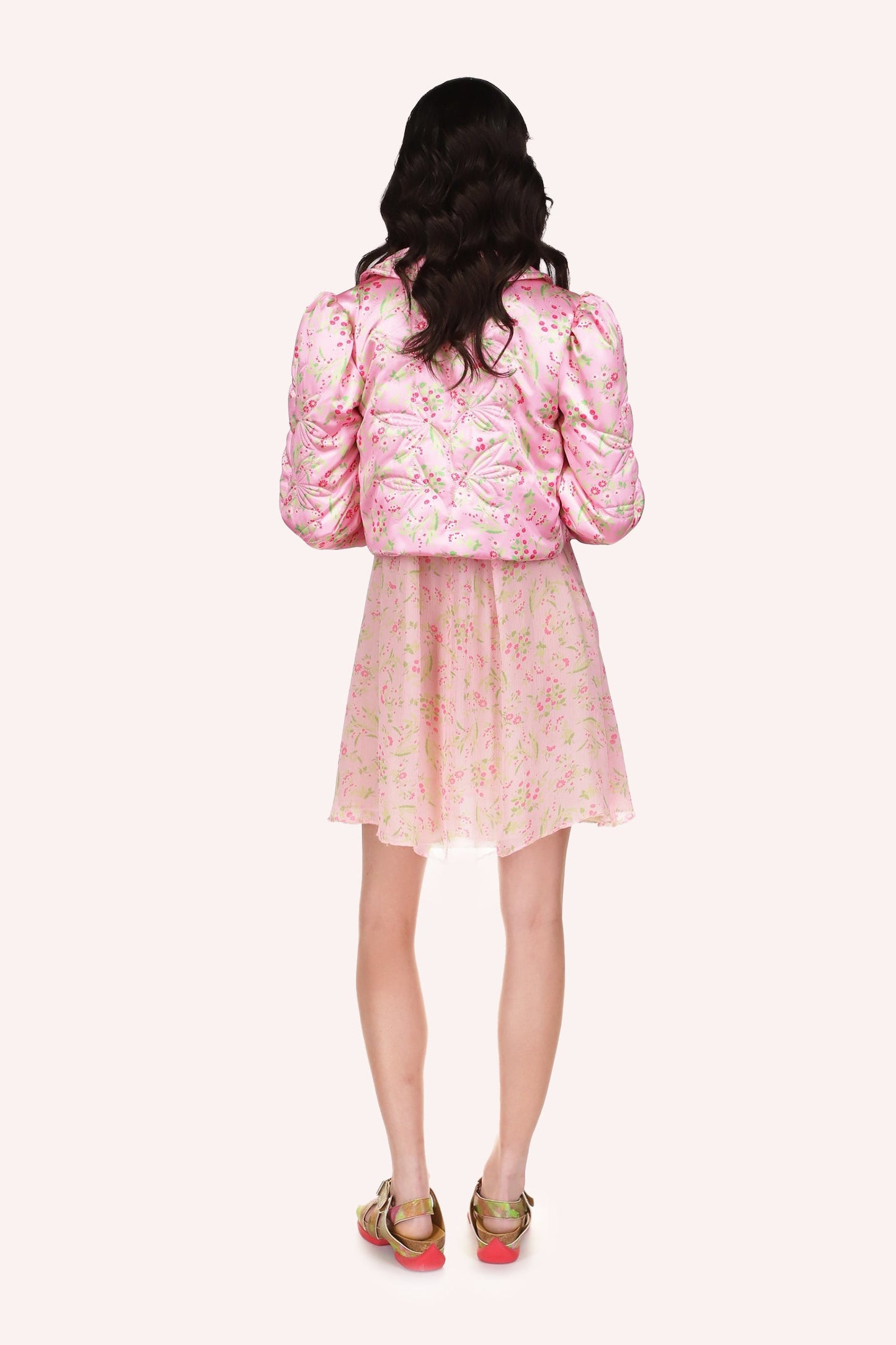 Arcadia Blossom Quilted Satin Bed Jacket, puff sleeves at shoulders, waist long