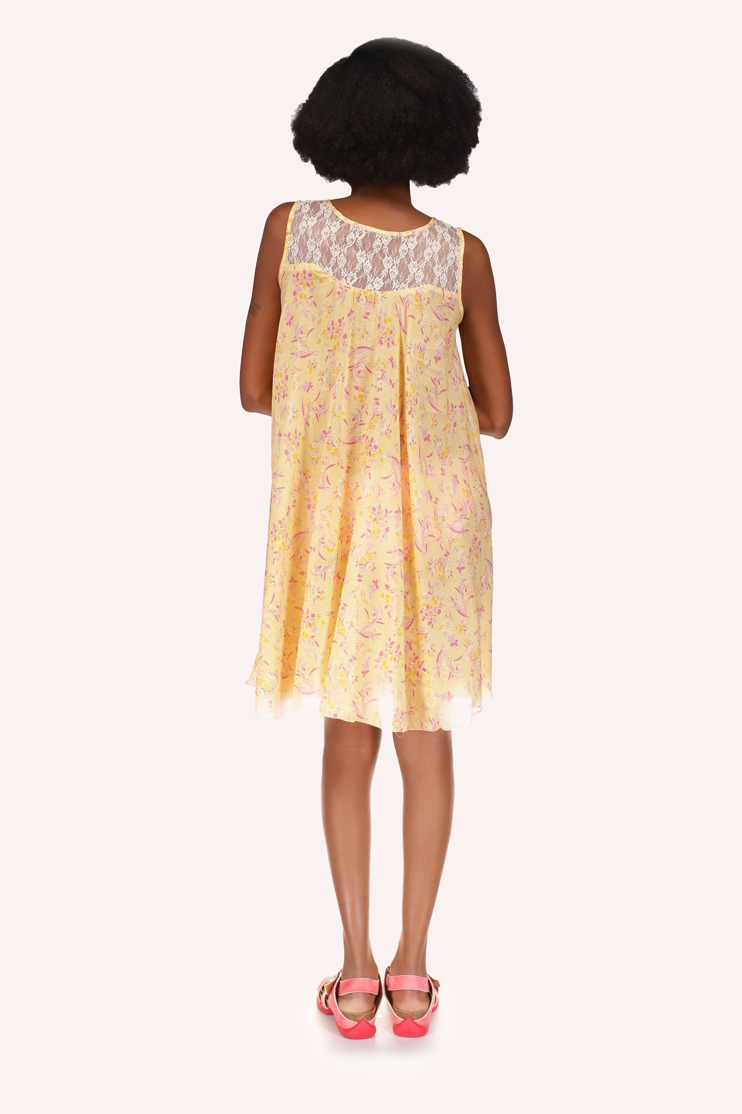 Arcadia Blossom Dress, yellow with red spots, white lace on top back and over shoulders