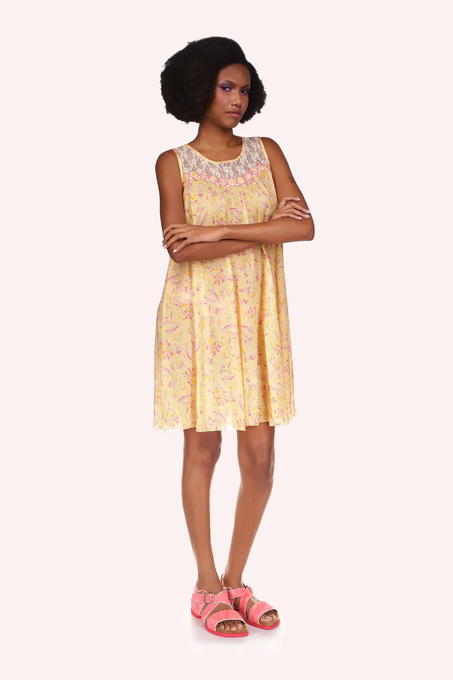 Arcadia Blossom Sleeveless Dress, yellow with small red spots, knee long, large ruffle effects