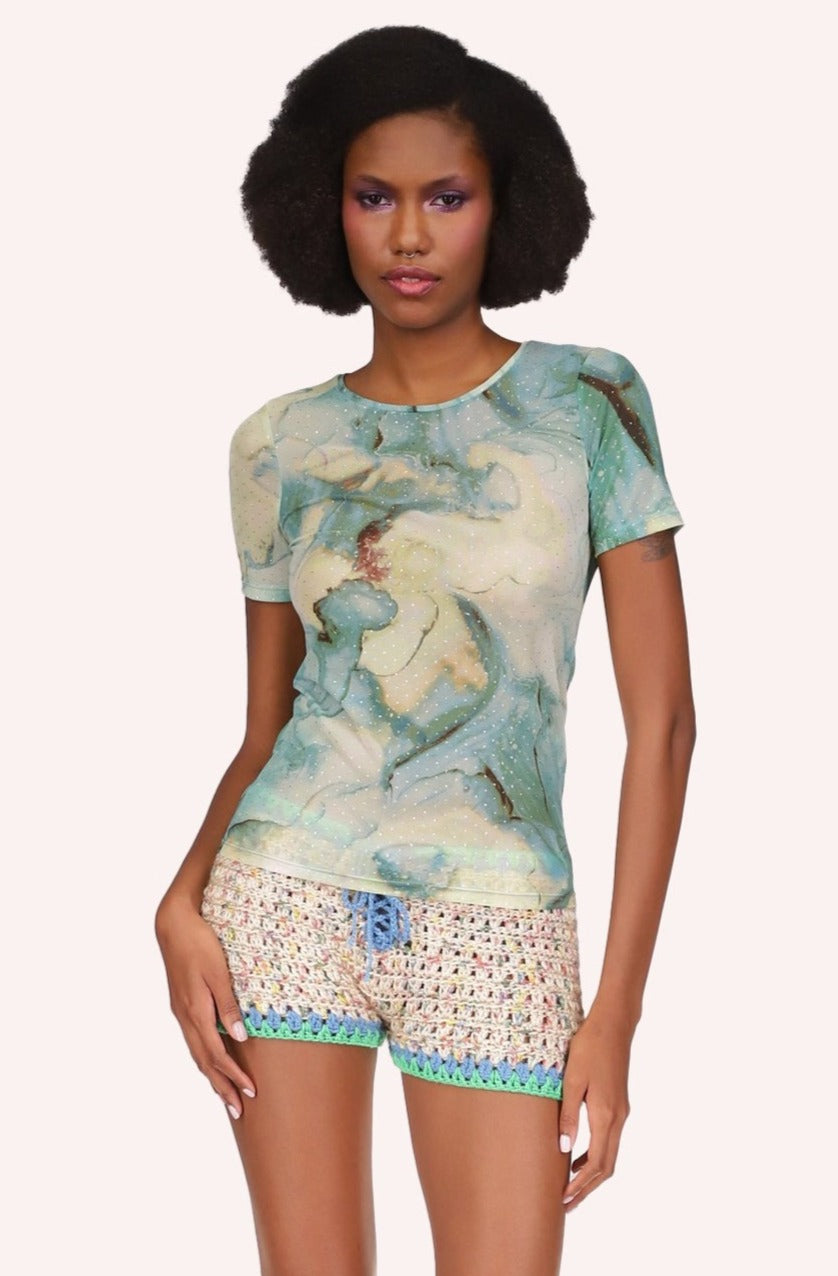 Cosmos Mesh Top, large floral design in jade with touch of yellow, small sleeves, crew neck collar
