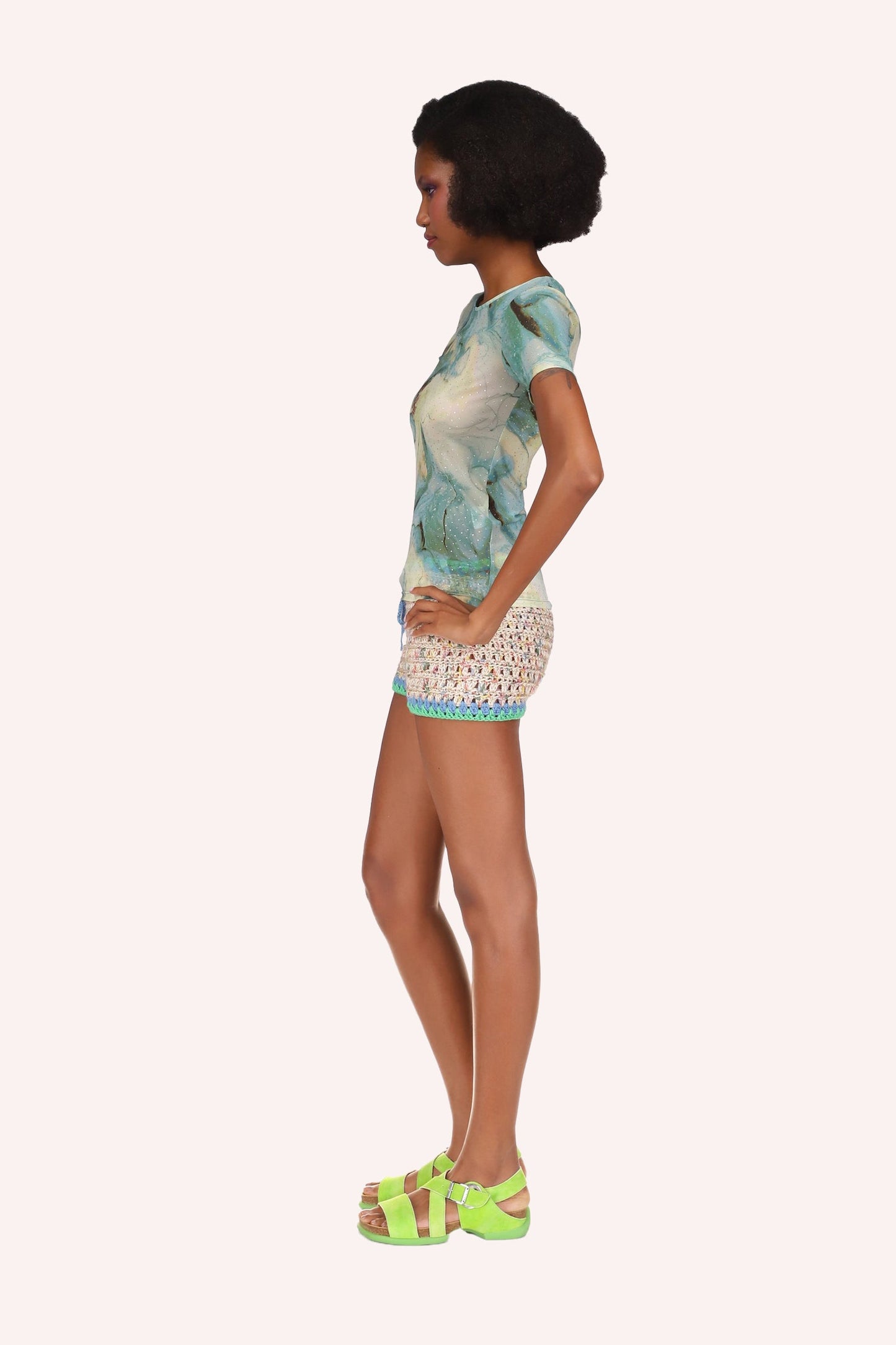 Floral design, Cosmos Mesh Top, Greenish with touch of yellow, small sleeves, crew neck collar