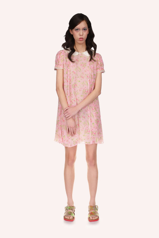 Babydoll Dress baby pink with floral pattern red and green, mid-thigh, small sleeves, white collar