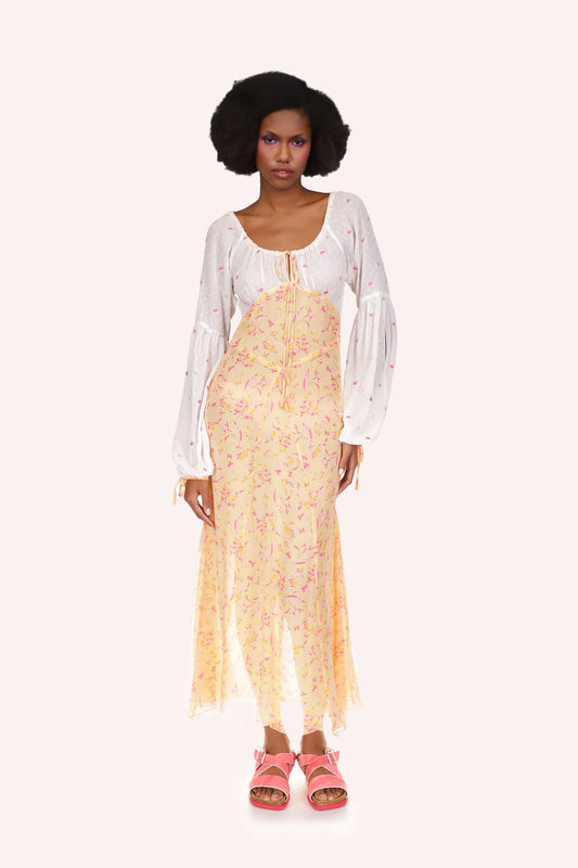 Long dress, from under-bust down Arcadia Blossom see-thru, top and sleeves white with red spots