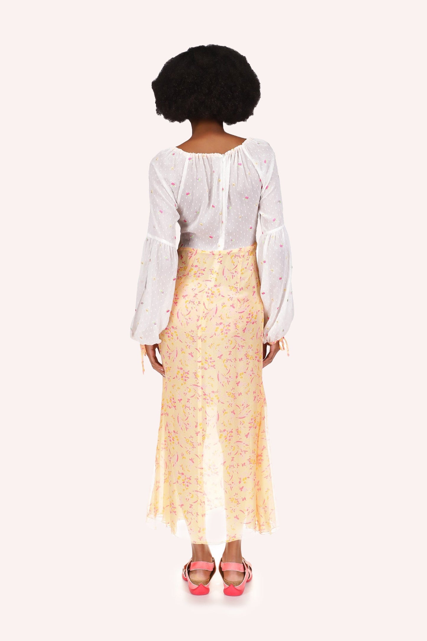Long dress, from waist/down Arcadia Blossom see-thru color, top and sleeves white with red spots