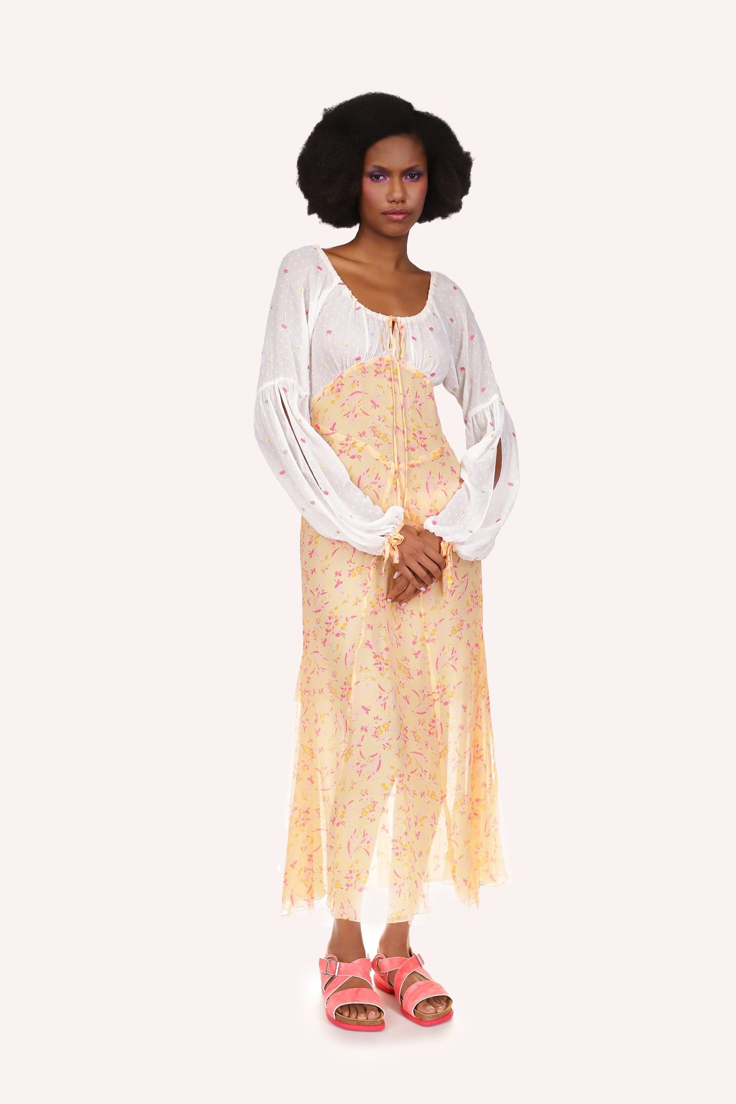 Long dress tied under-bust, Arcadia Blossom see-thru color, top and sleeves white with red spots
