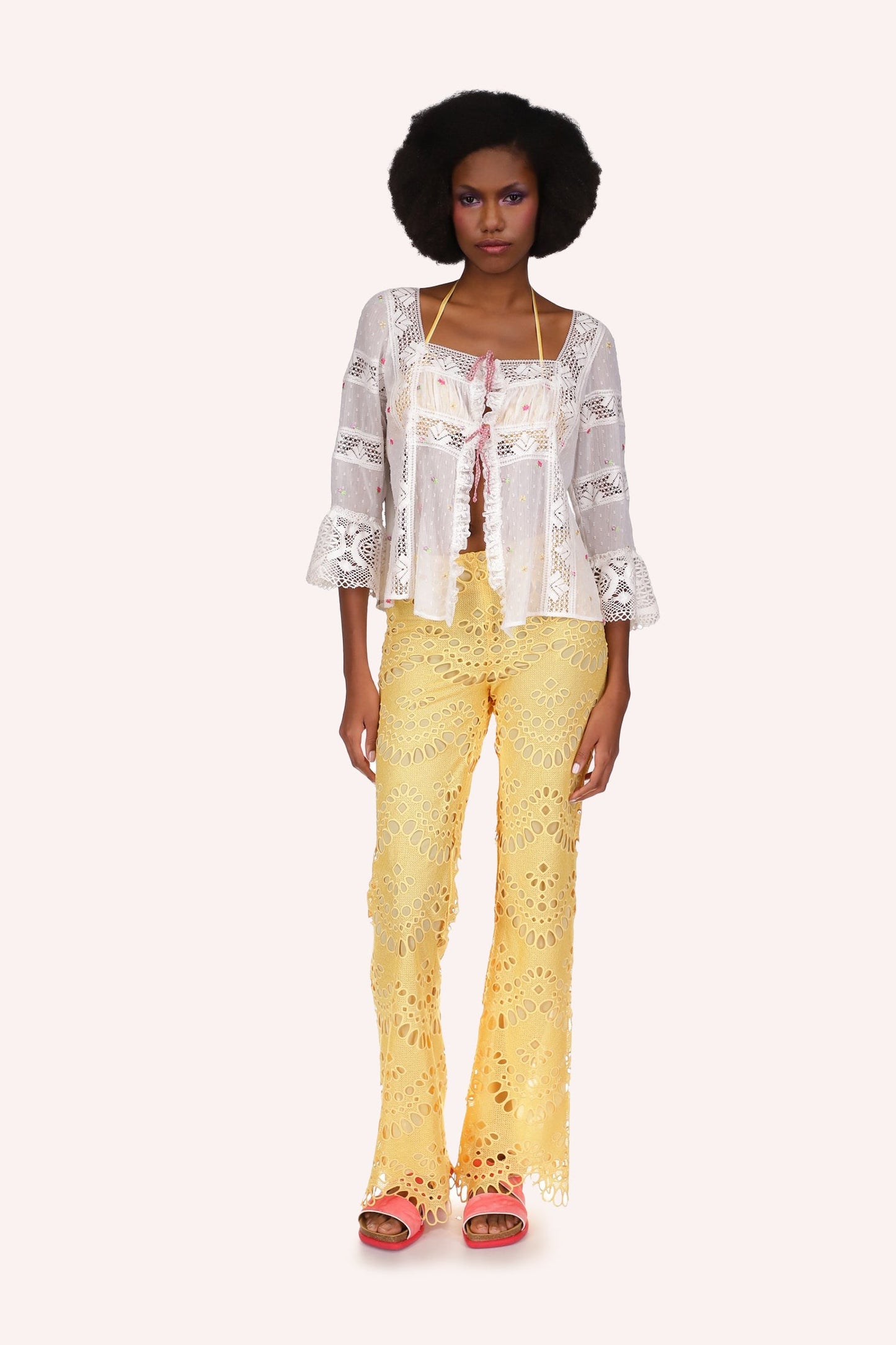 Cluny Lace Trimmed Floral Swiss Dot Blouse, square collar, mid-arm sleeves, see-thru, hips long.